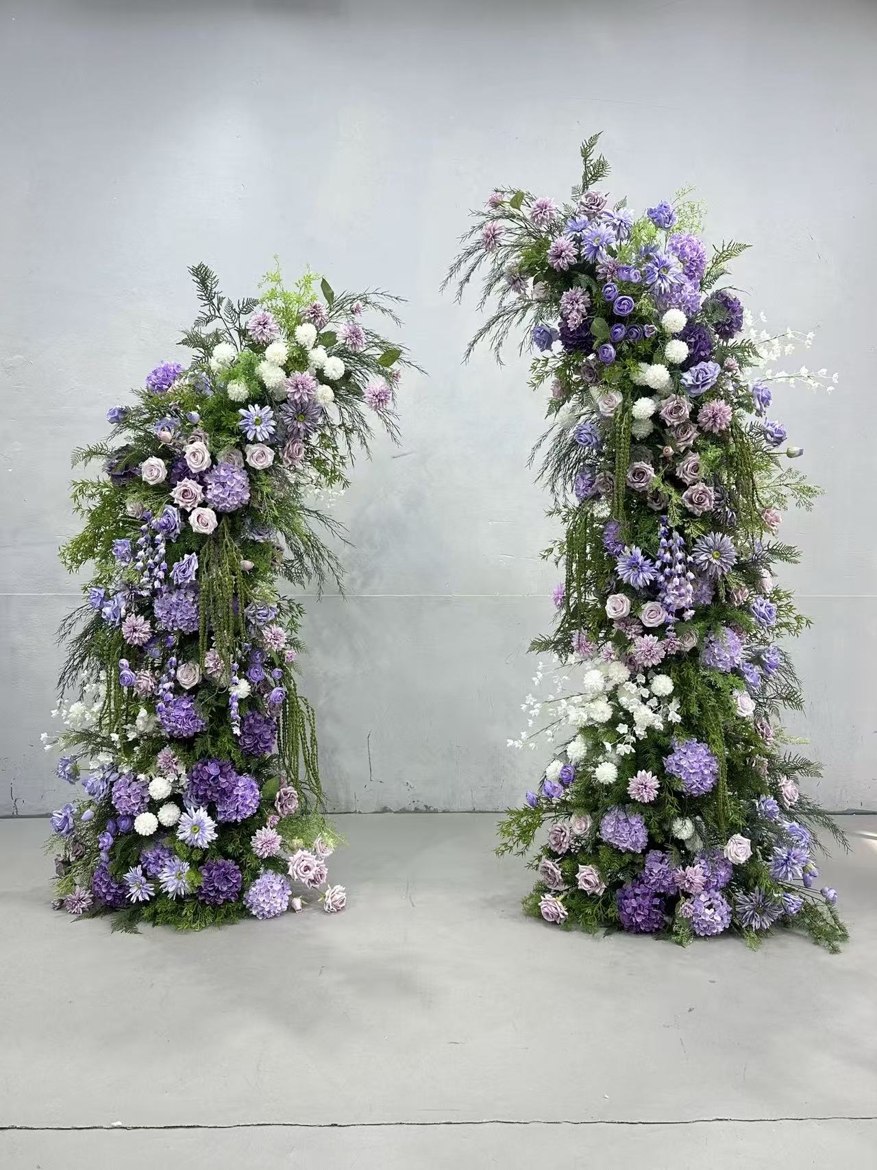 Full Purple Arch pair with lavender, plum and ivory faux flowers